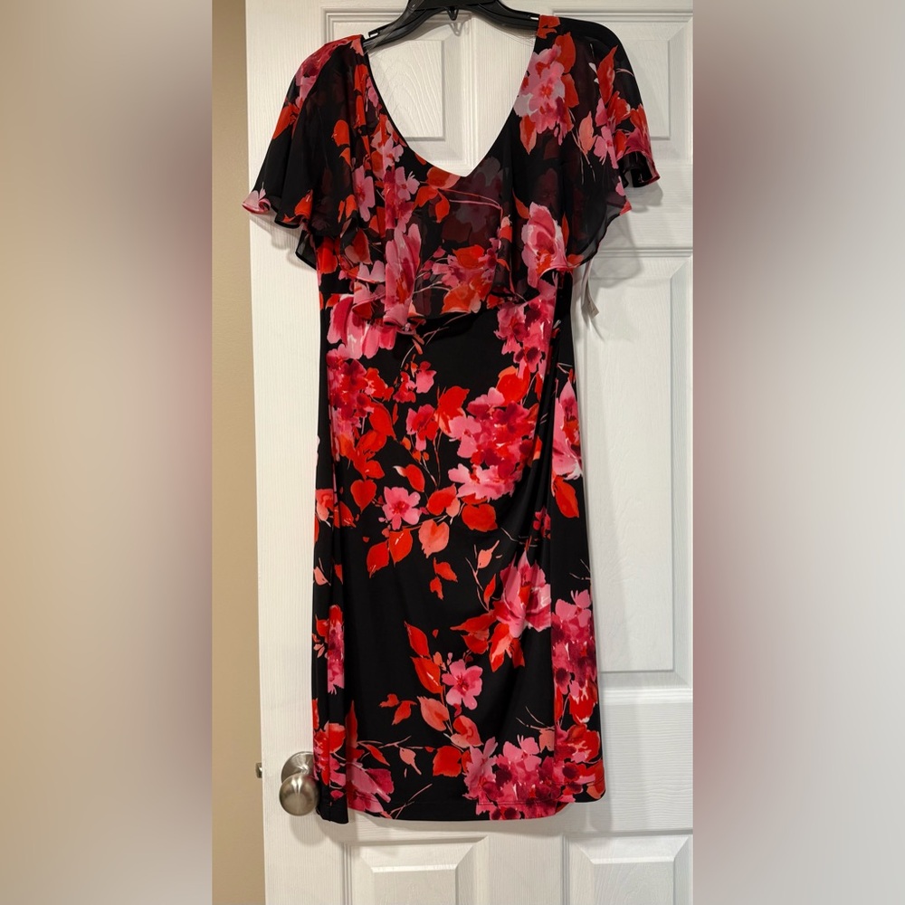 NWT Connected Apparel Black red floral print dress with cape overlay in Size L
